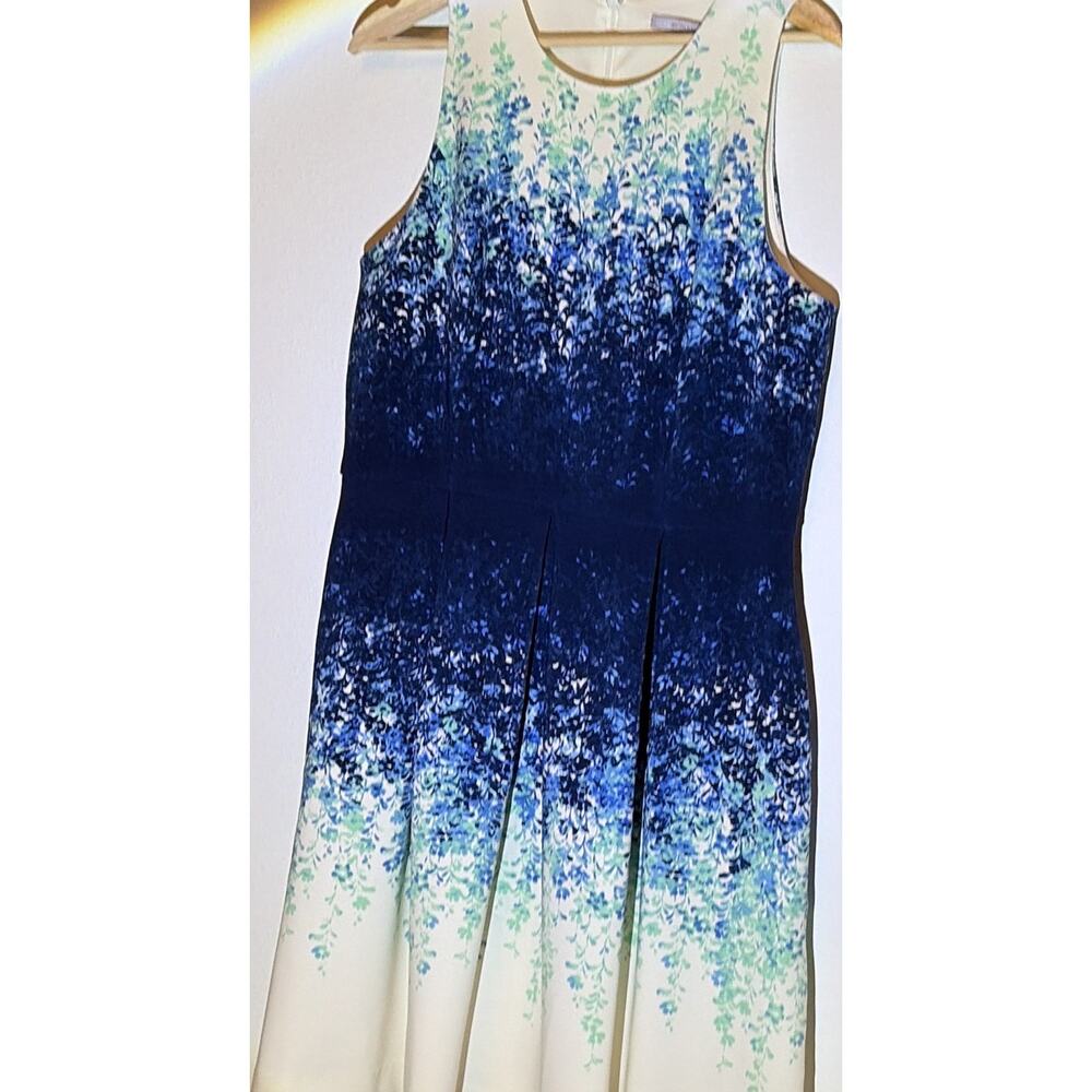 Luxe by Carmen Marc Valvo Blue White Floral A-Line Sleeveless Knee Dress 14